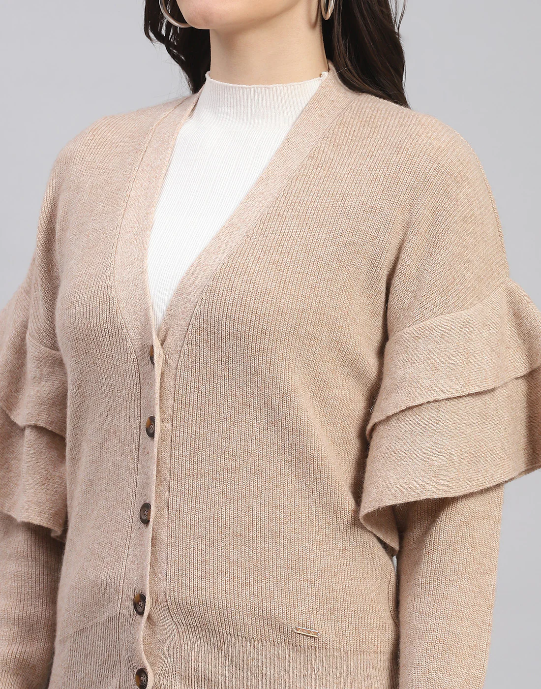 Women Beige Solid V Neck Full Sleeve Cardigan - Image 6