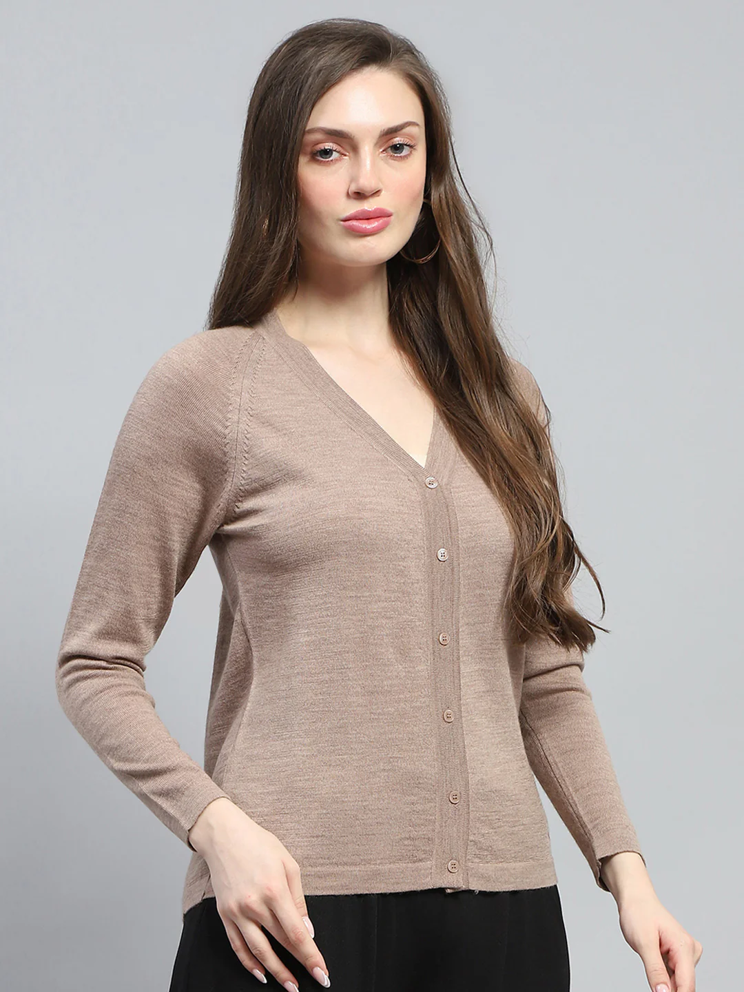Women Beige Solid V Neck Full Sleeve Cardigan - Image 4
