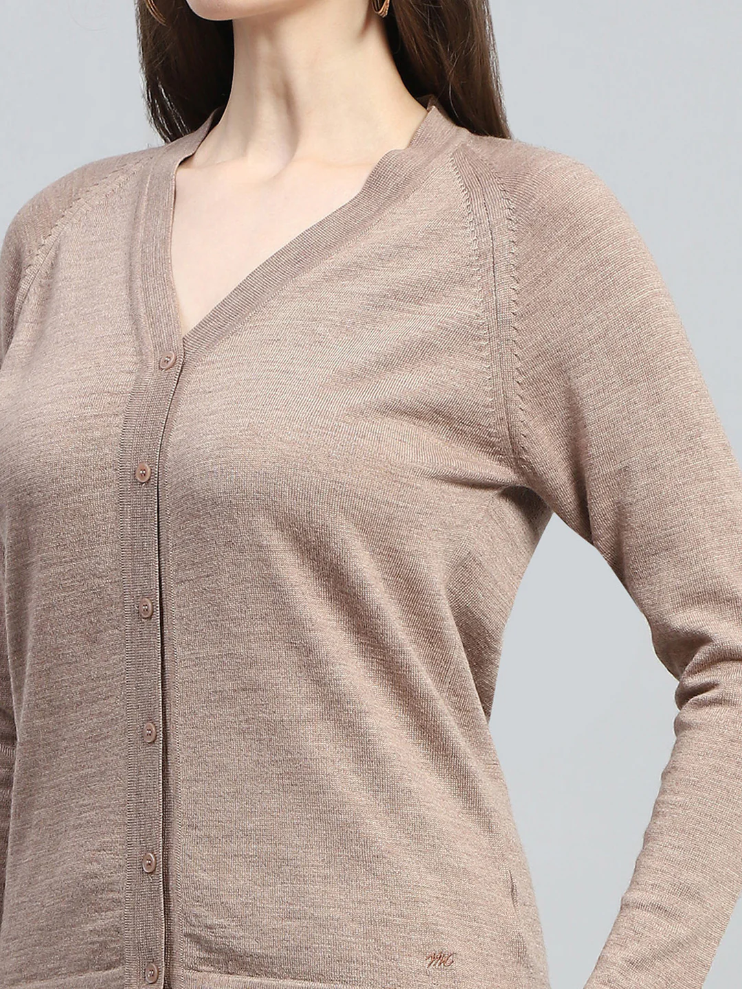 Women Beige Solid V Neck Full Sleeve Cardigan - Image 6