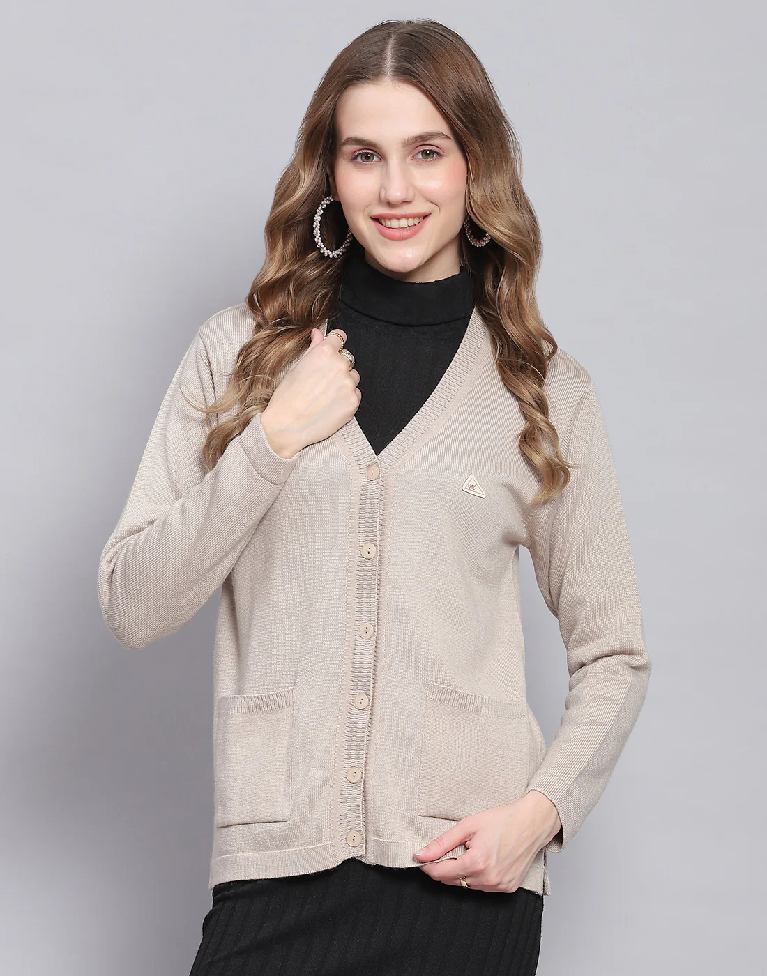 Women Beige Solid V Neck Full Sleeve Cardigan - Image 2