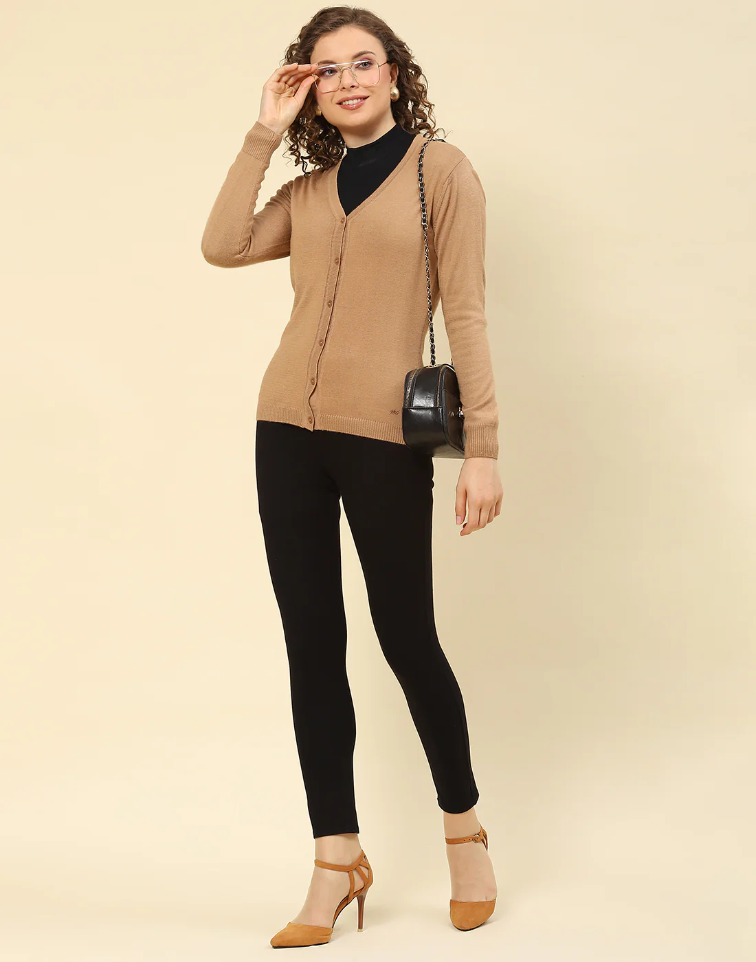 Women Beige Solid V Neck Full Sleeve Cardigan - Image 2