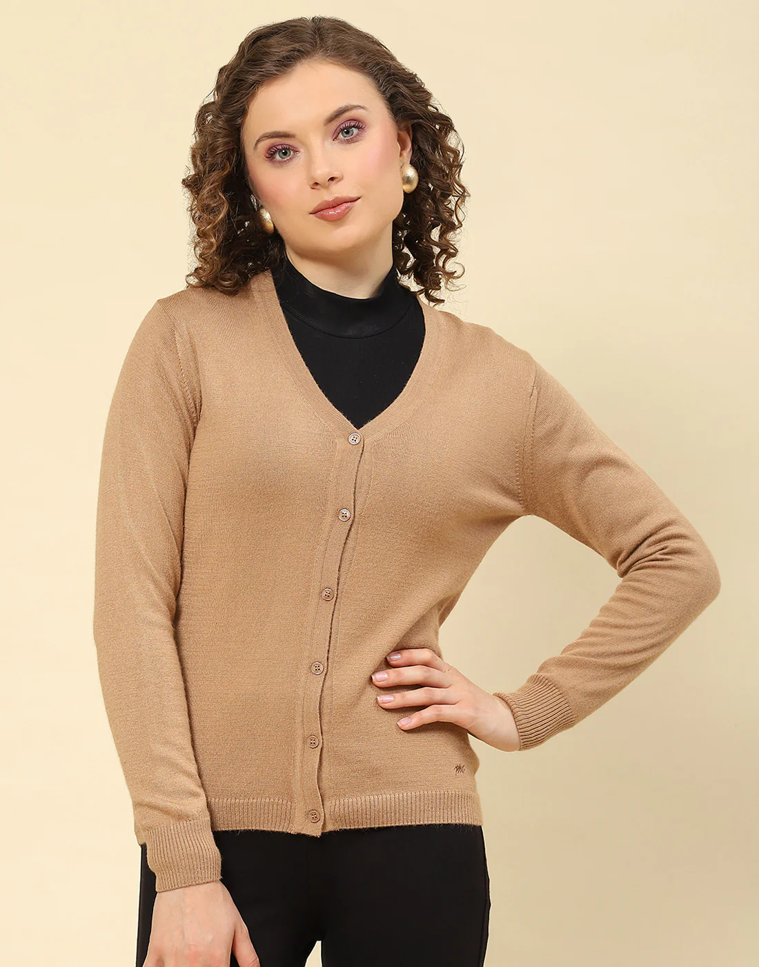 Women Beige Solid V Neck Full Sleeve Cardigan - Image 3