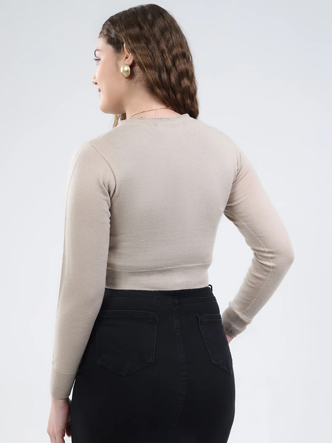 Women Beige Solid V Neck Full Sleeve Cardigan - Image 5