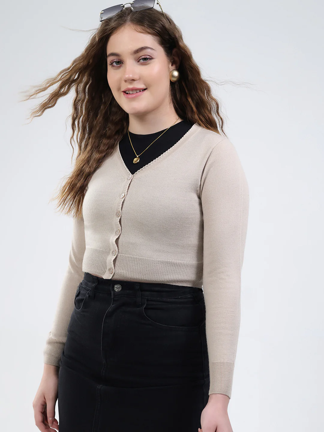 Women Beige Solid V Neck Full Sleeve Cardigan - Image 6