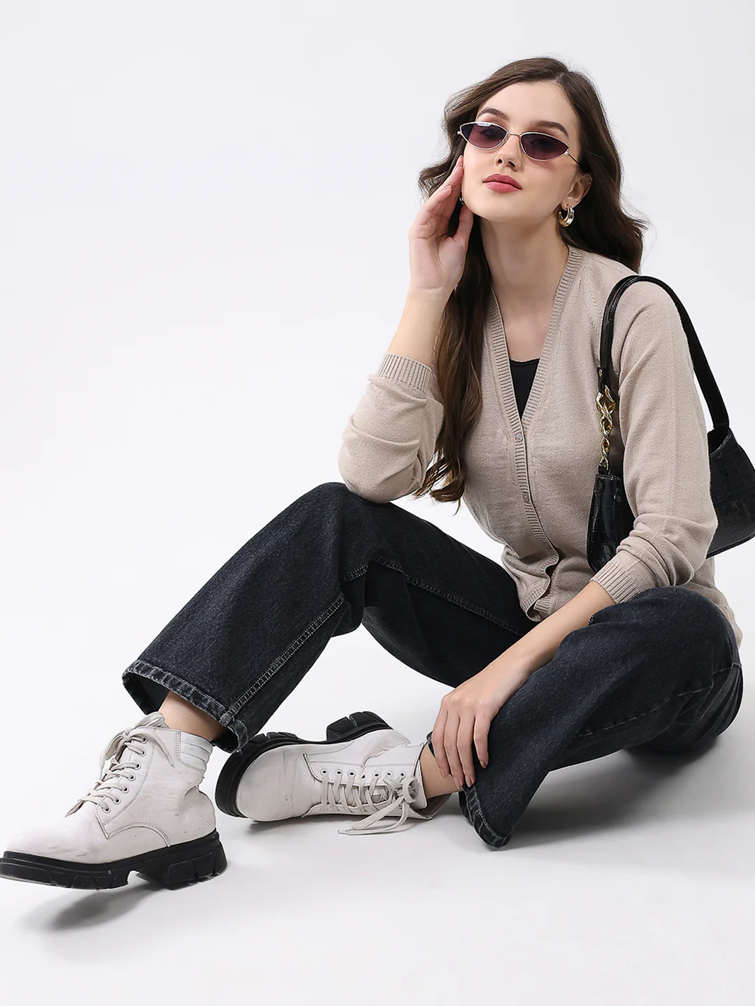 Women Beige Solid V Neck Full Sleeve Cardigan - Image 2