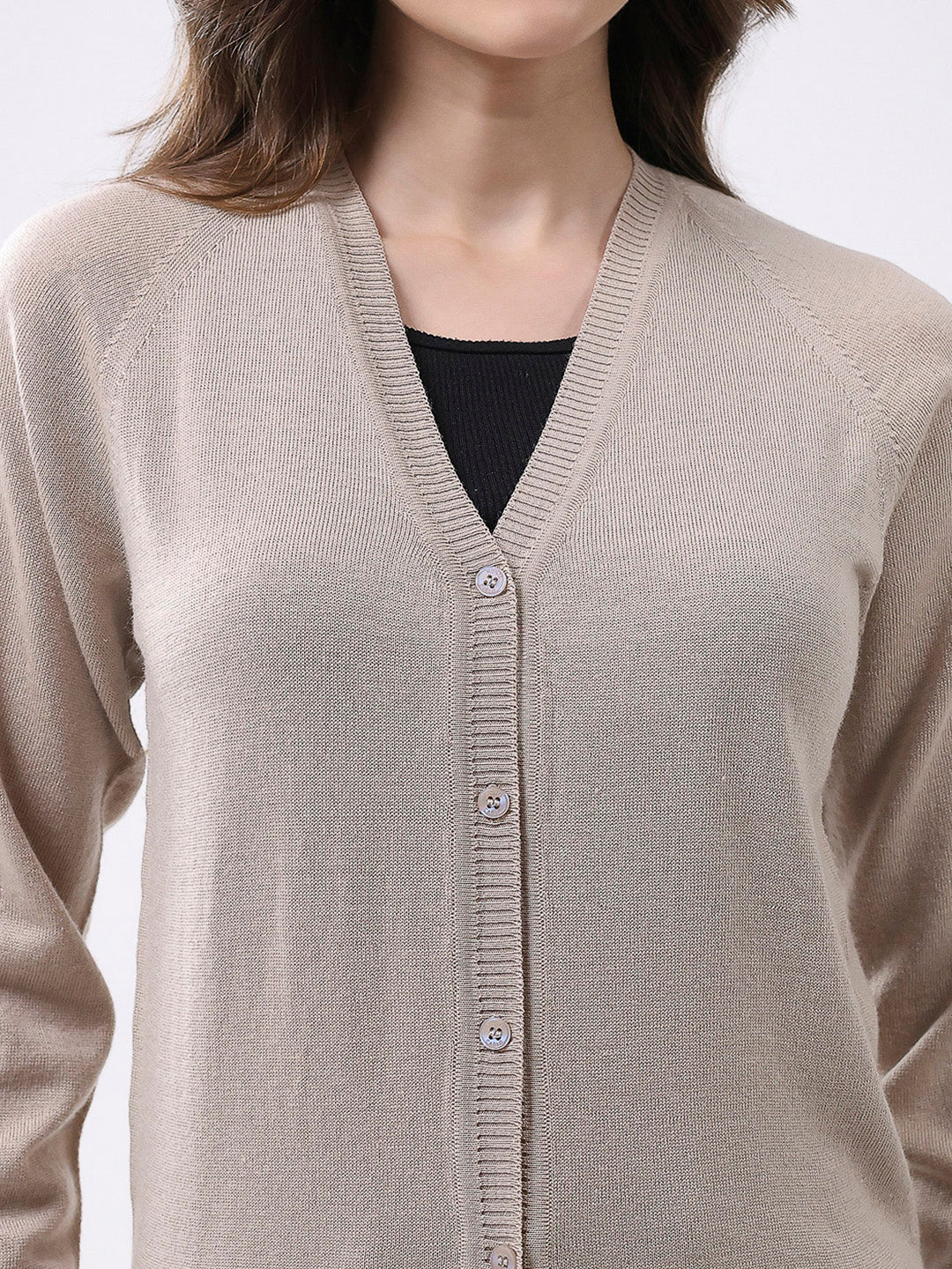 Women Beige Solid V Neck Full Sleeve Cardigan - Image 7