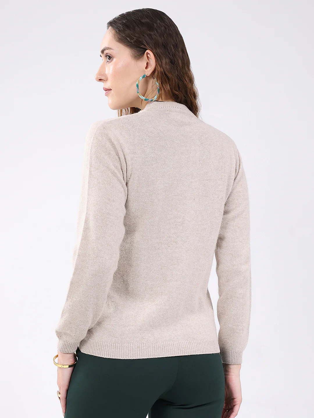 Women Beige Solid V Neck Full Sleeve Cardigan - Image 5
