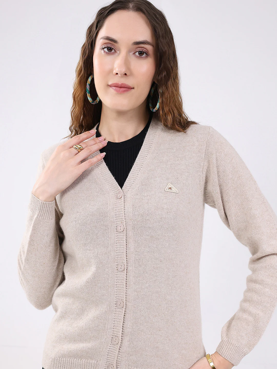 Women Beige Solid V Neck Full Sleeve Cardigan - Image 6