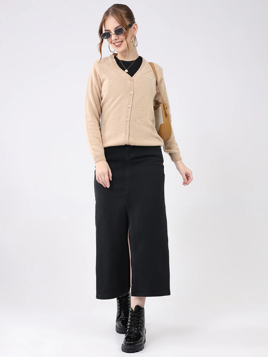 Women Beige Solid V Neck Full Sleeve Cardigan - Image 2