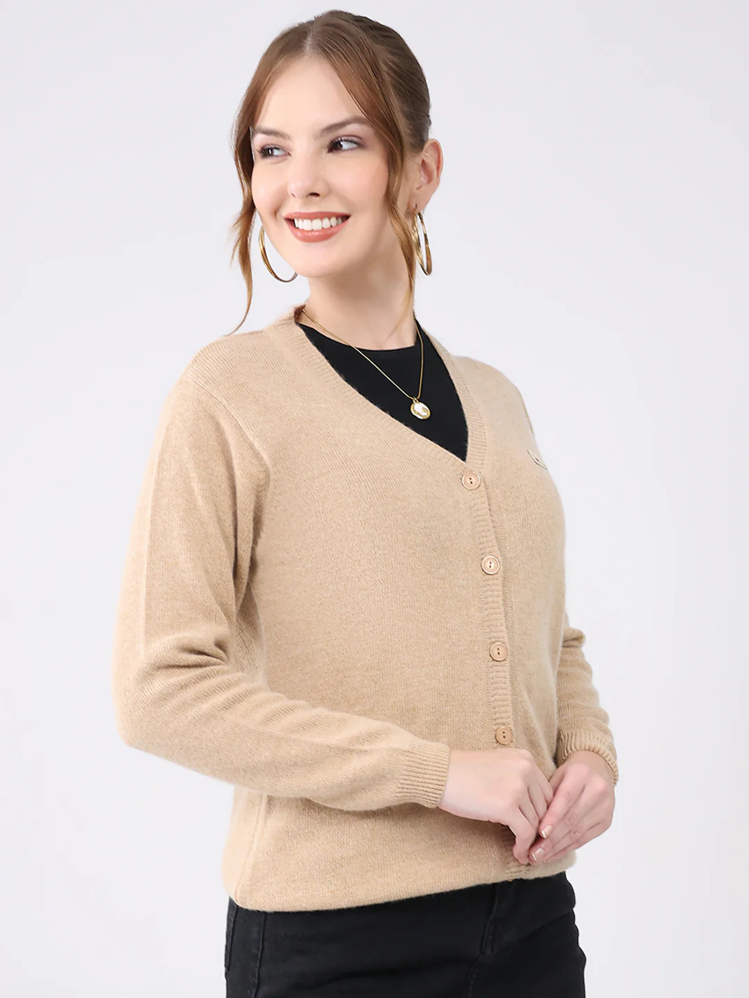 Women Beige Solid V Neck Full Sleeve Cardigan - Image 4