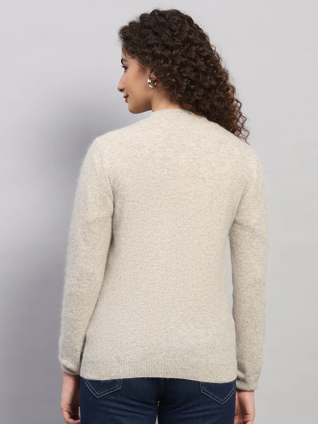 Women Beige Solid V Neck Full Sleeve Cardigan - Image 5