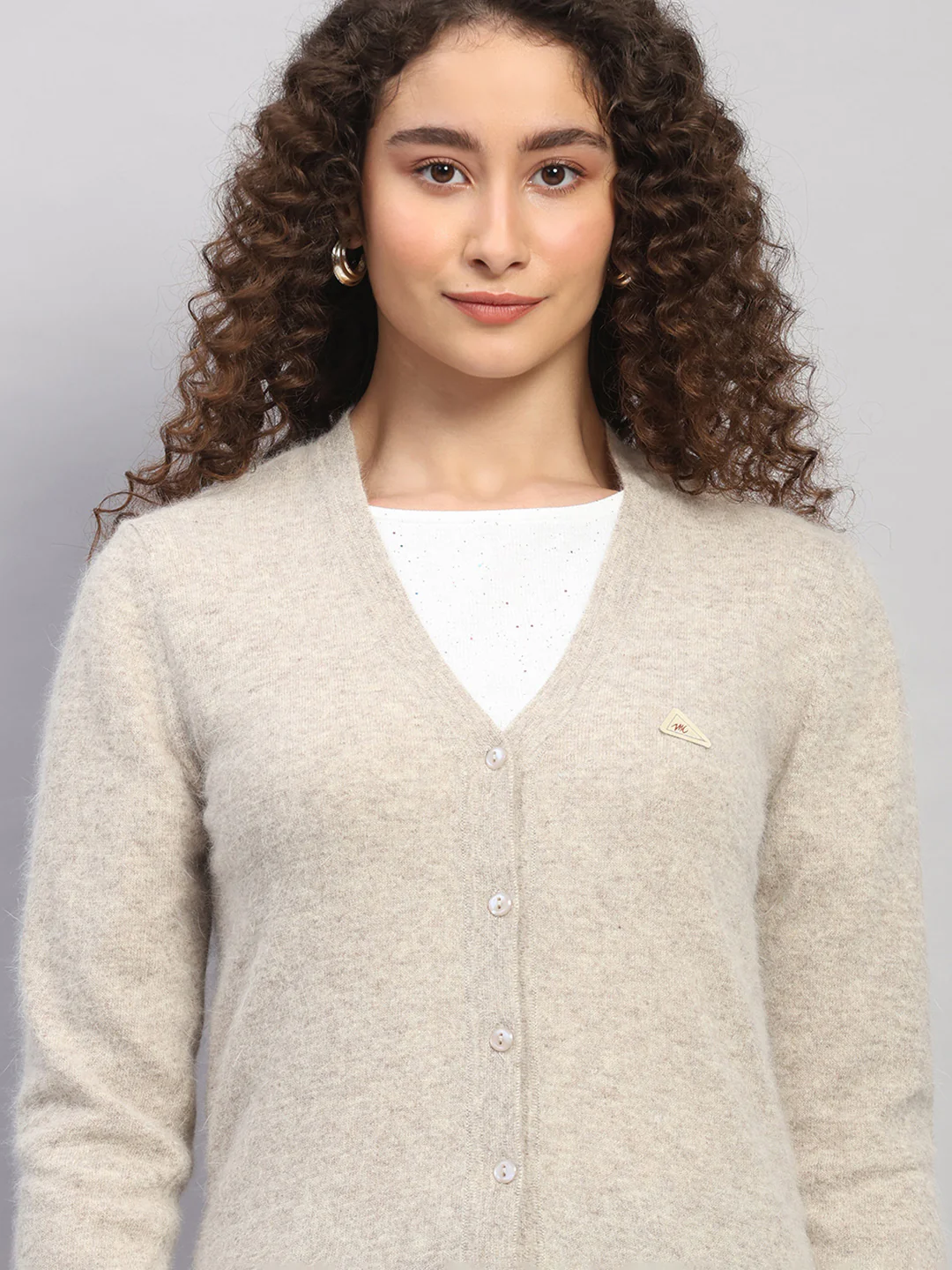 Women Beige Solid V Neck Full Sleeve Cardigan - Image 6