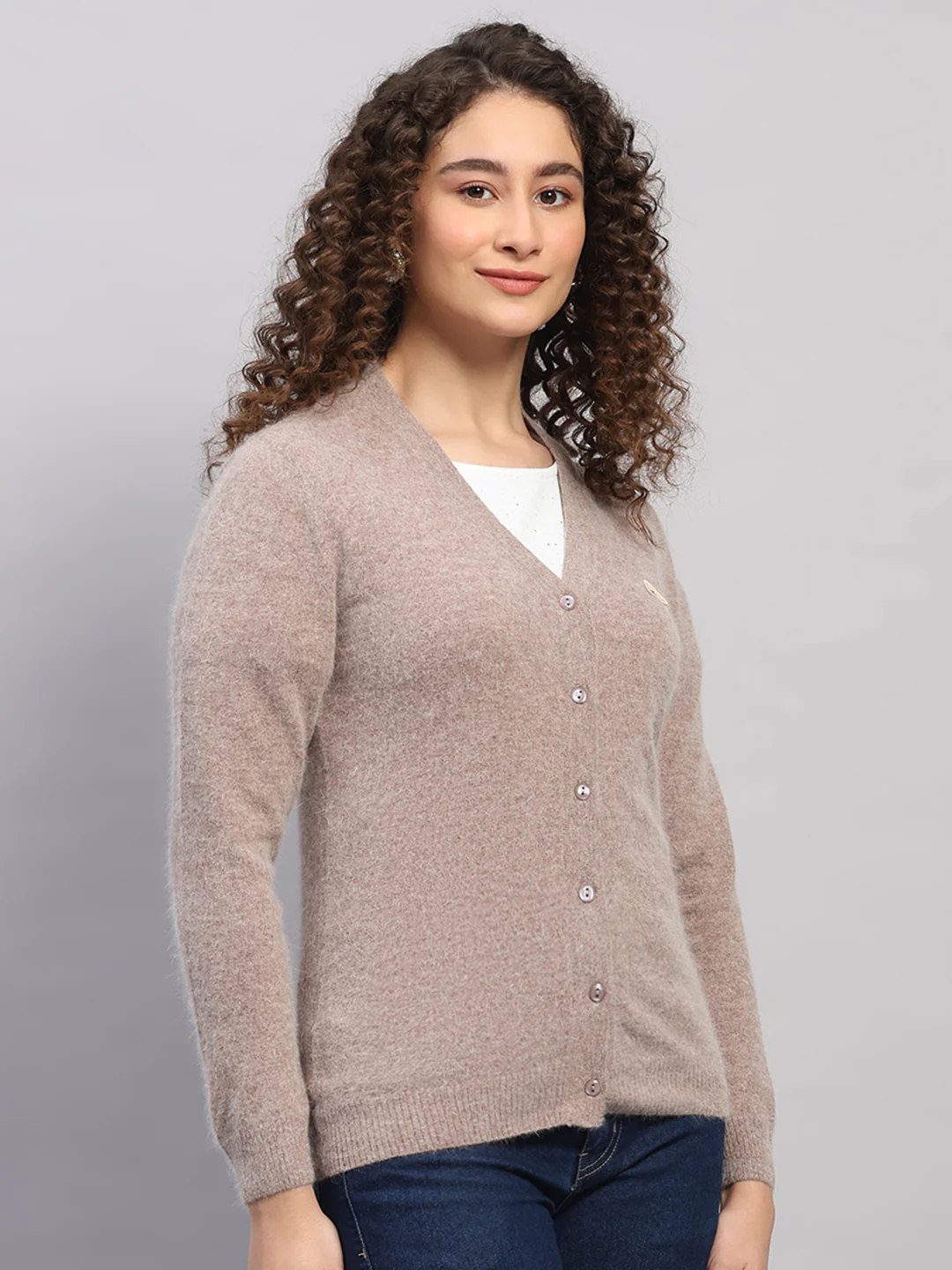 Women Beige Solid V Neck Full Sleeve Cardigan - Image 4