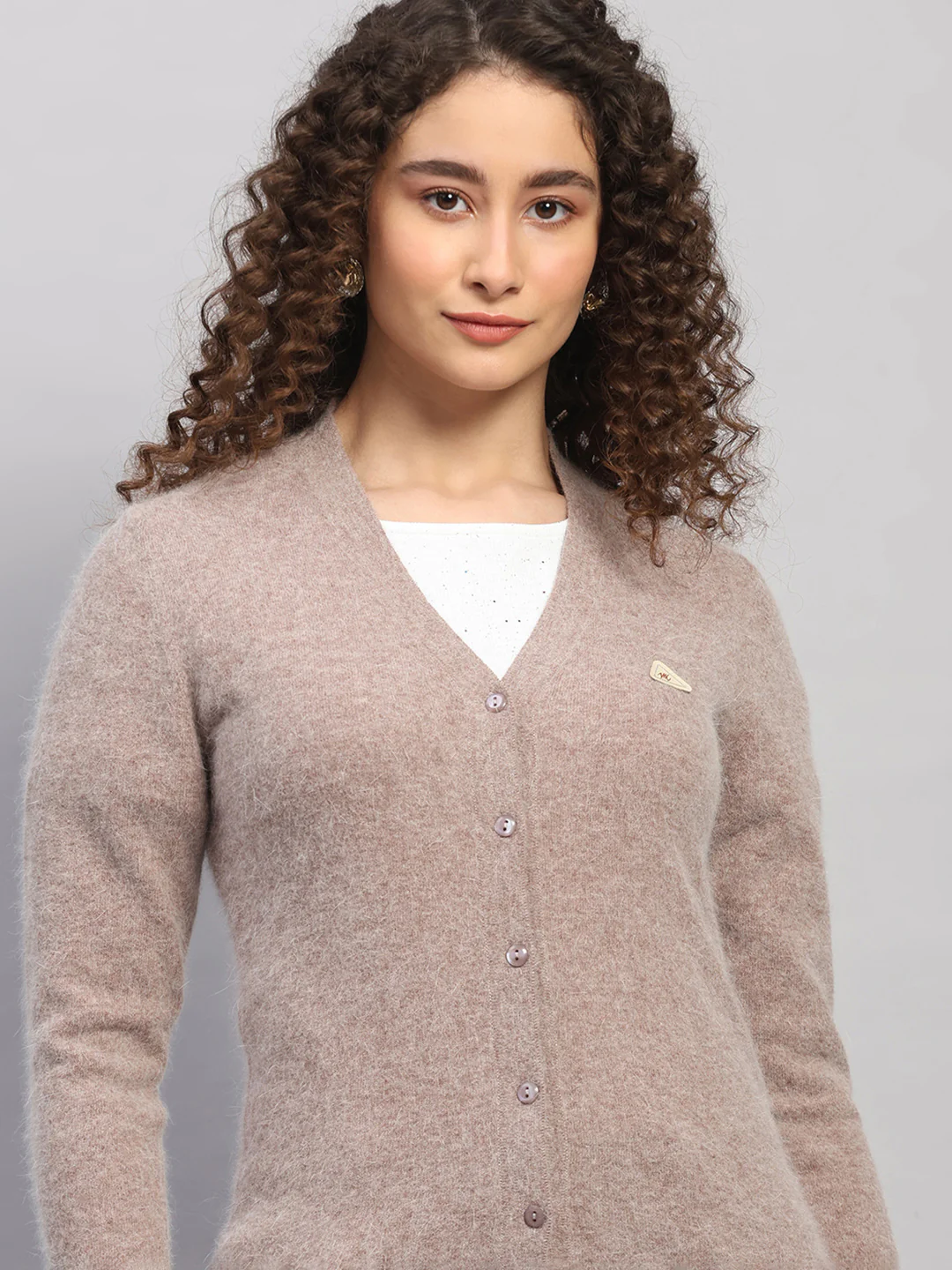 Women Beige Solid V Neck Full Sleeve Cardigan - Image 6