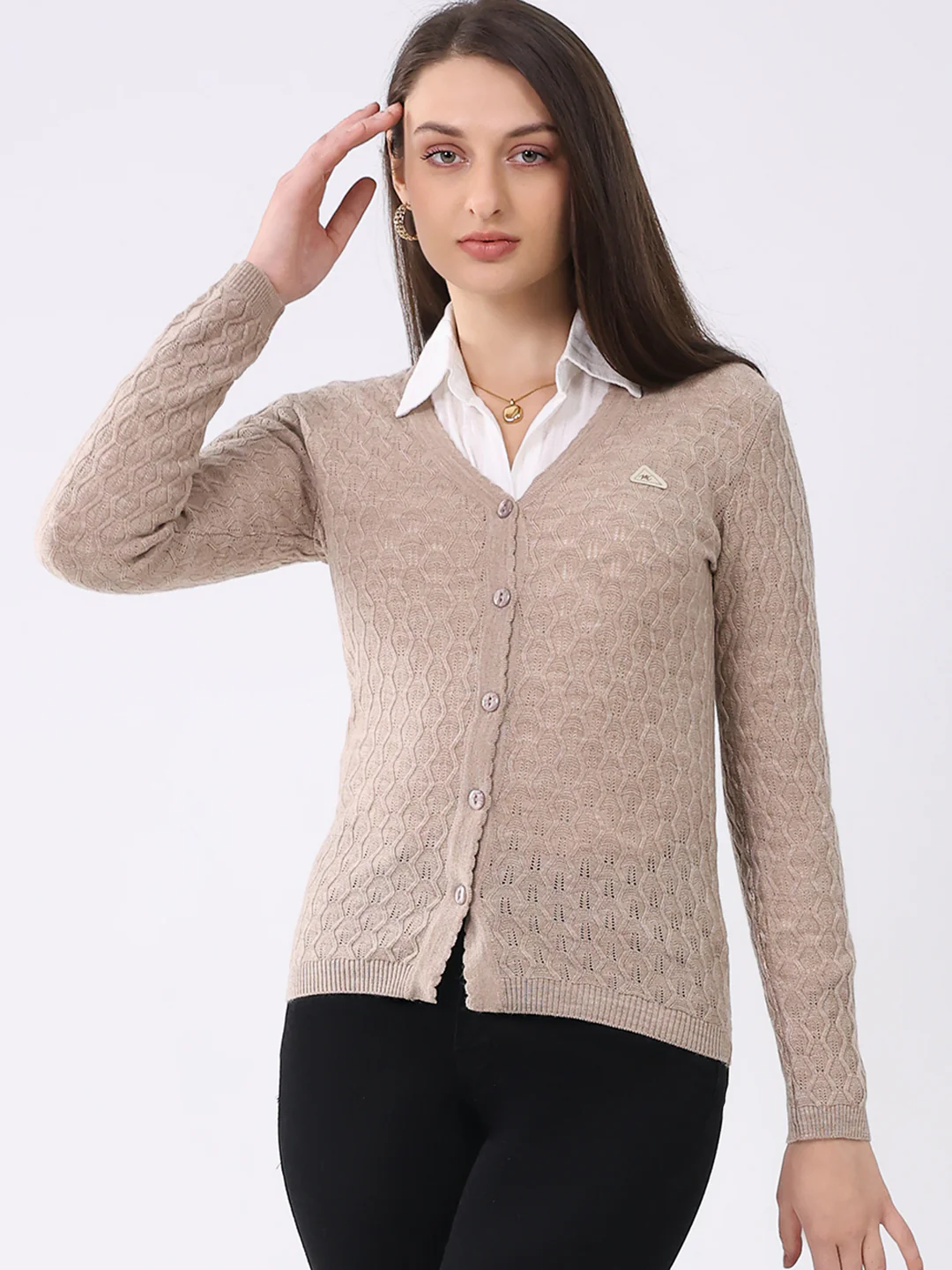 Women Beige Solid V Neck Full Sleeve Cardigan - Image 6