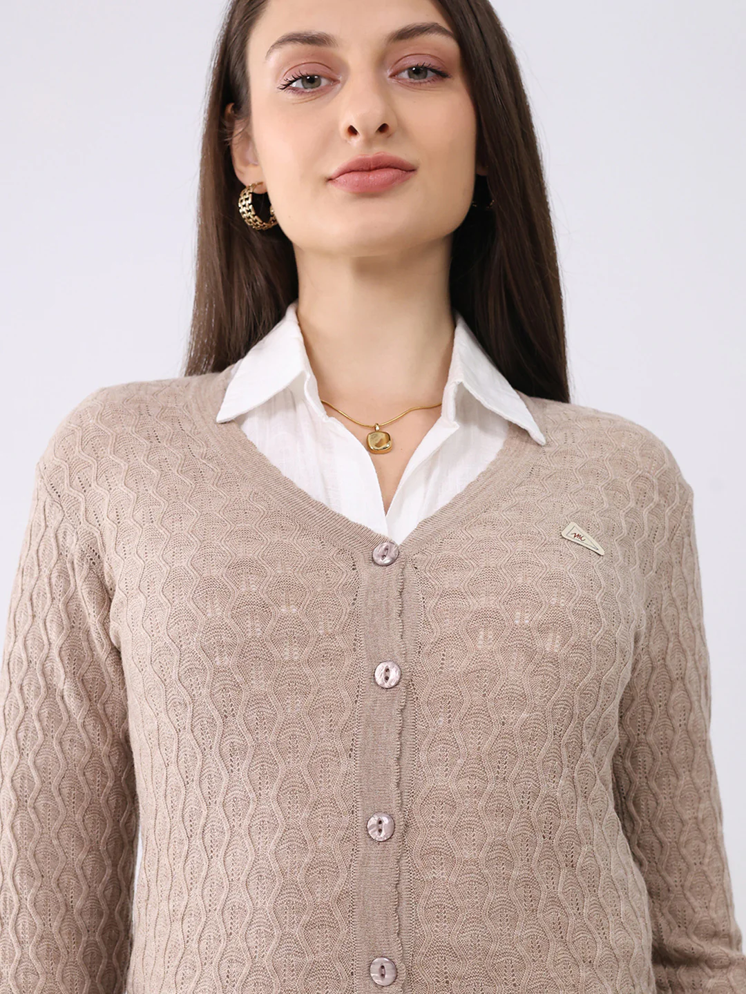 Women Beige Solid V Neck Full Sleeve Cardigan - Image 7