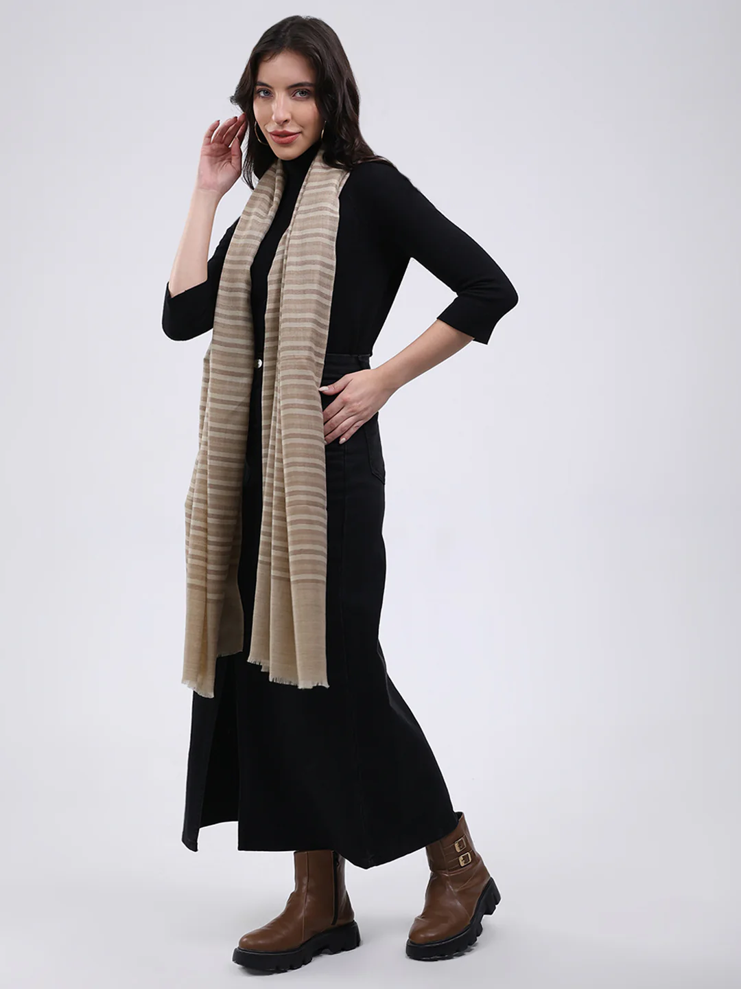 Women Beige Solid Wool Blend Stole - Image 3