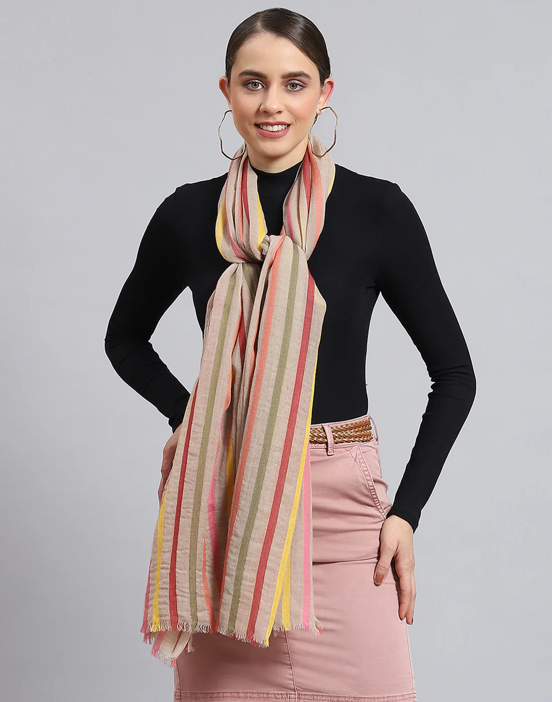 Women Beige Stripe Stole - Image 3