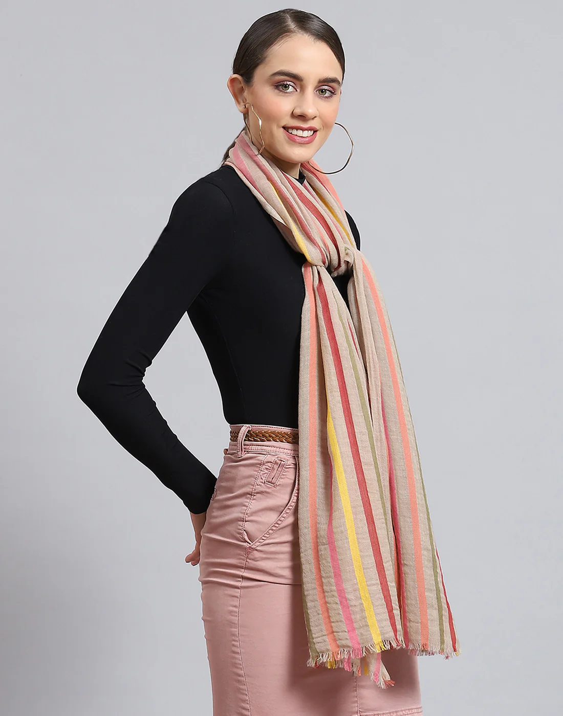 Women Beige Stripe Stole - Image 5