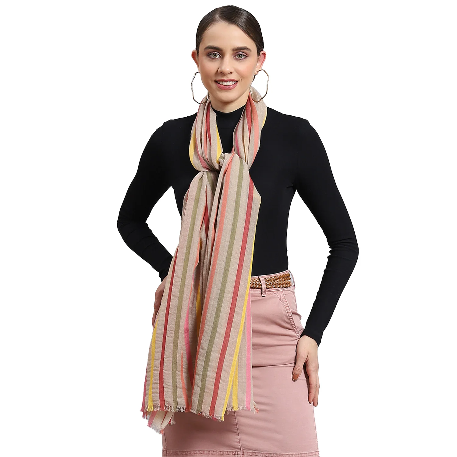 Women Beige Stripe Stole - Image 6