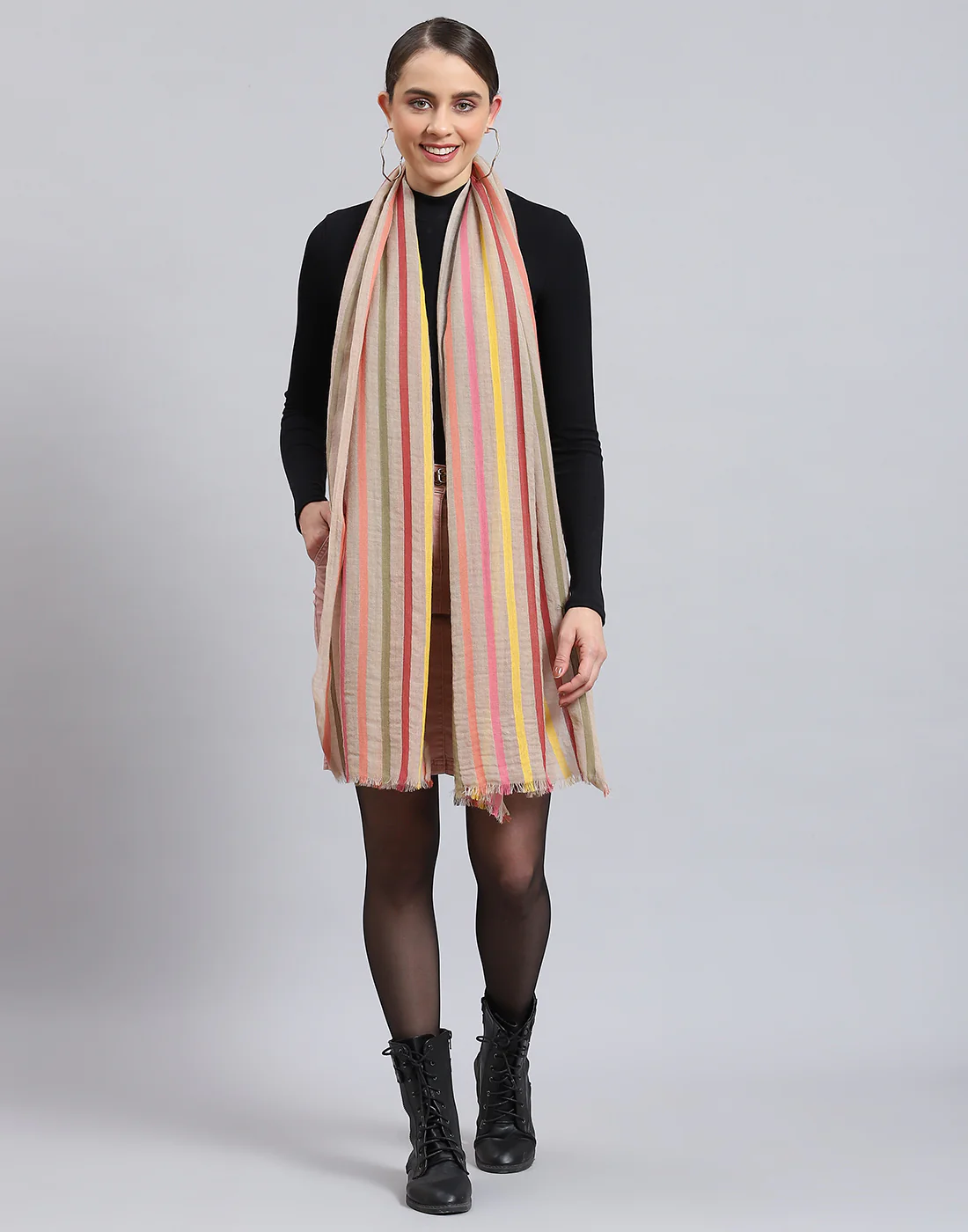 Women Beige Stripe Stole - Image 7