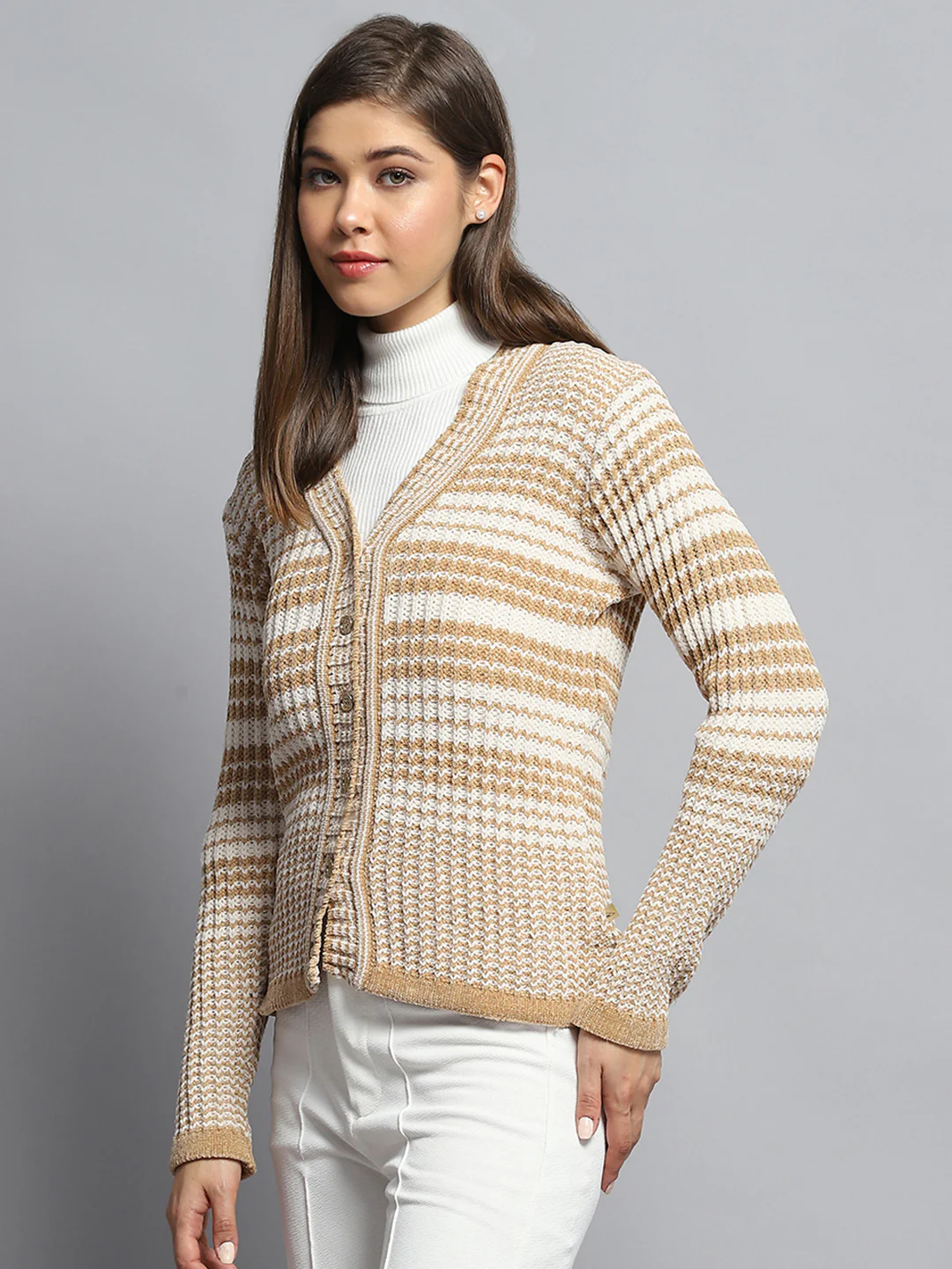 Women Beige Stripe V Neck Full Sleeve Cardigan - Image 3