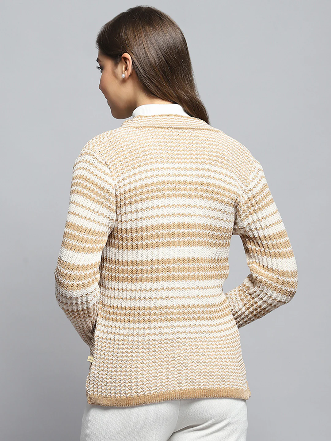 Women Beige Stripe V Neck Full Sleeve Cardigan - Image 5