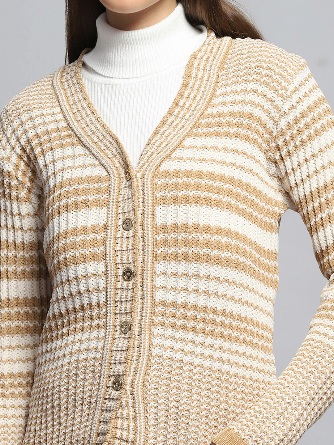 Women Beige Stripe V Neck Full Sleeve Cardigan - Image 6