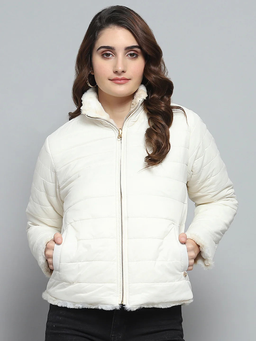Women Beige & White Solid Mock Neck Full Sleeve Reversible Jacket - Image 7