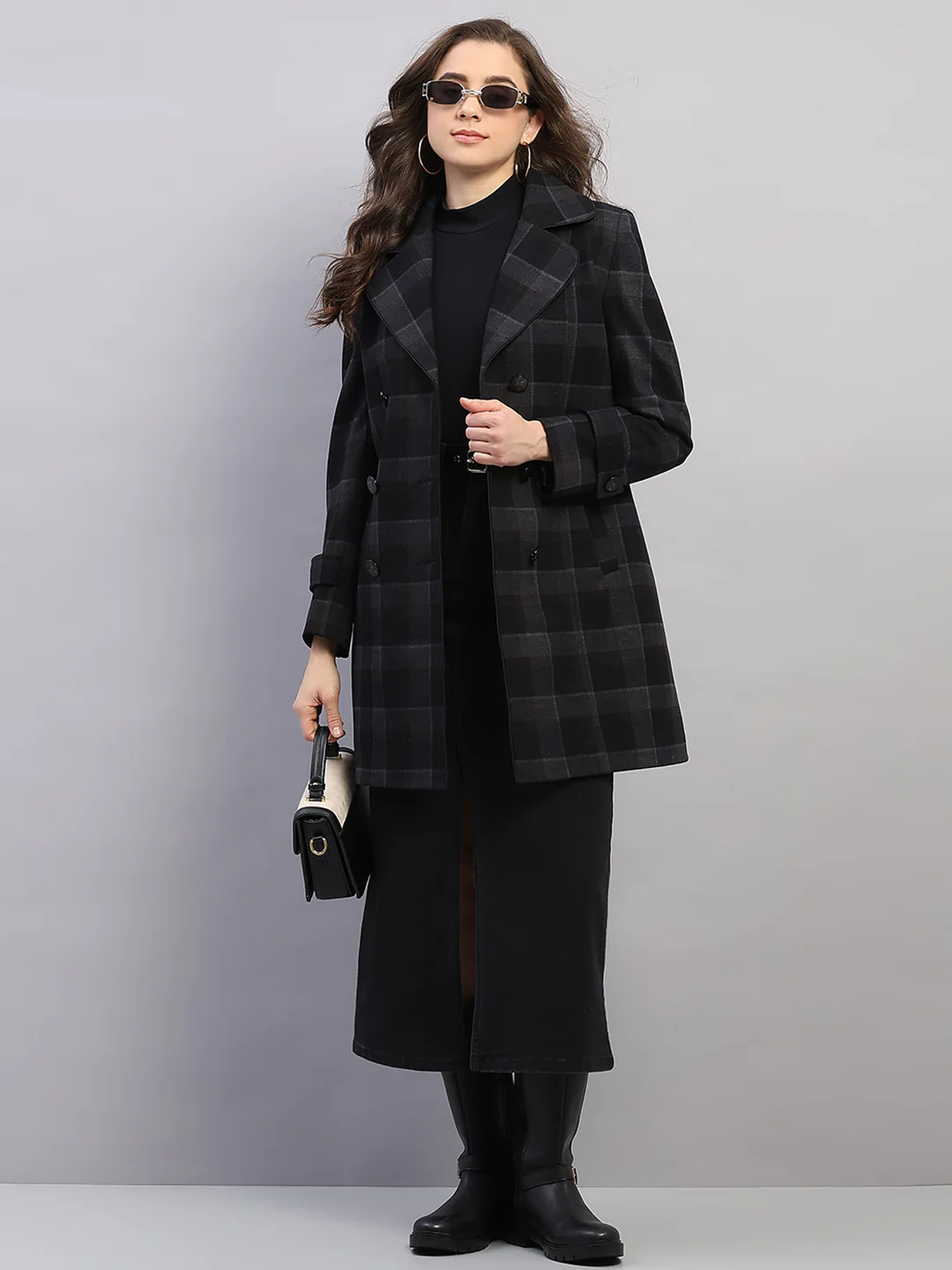 Women Black Check Collar Full Sleeve Coat - Image 2