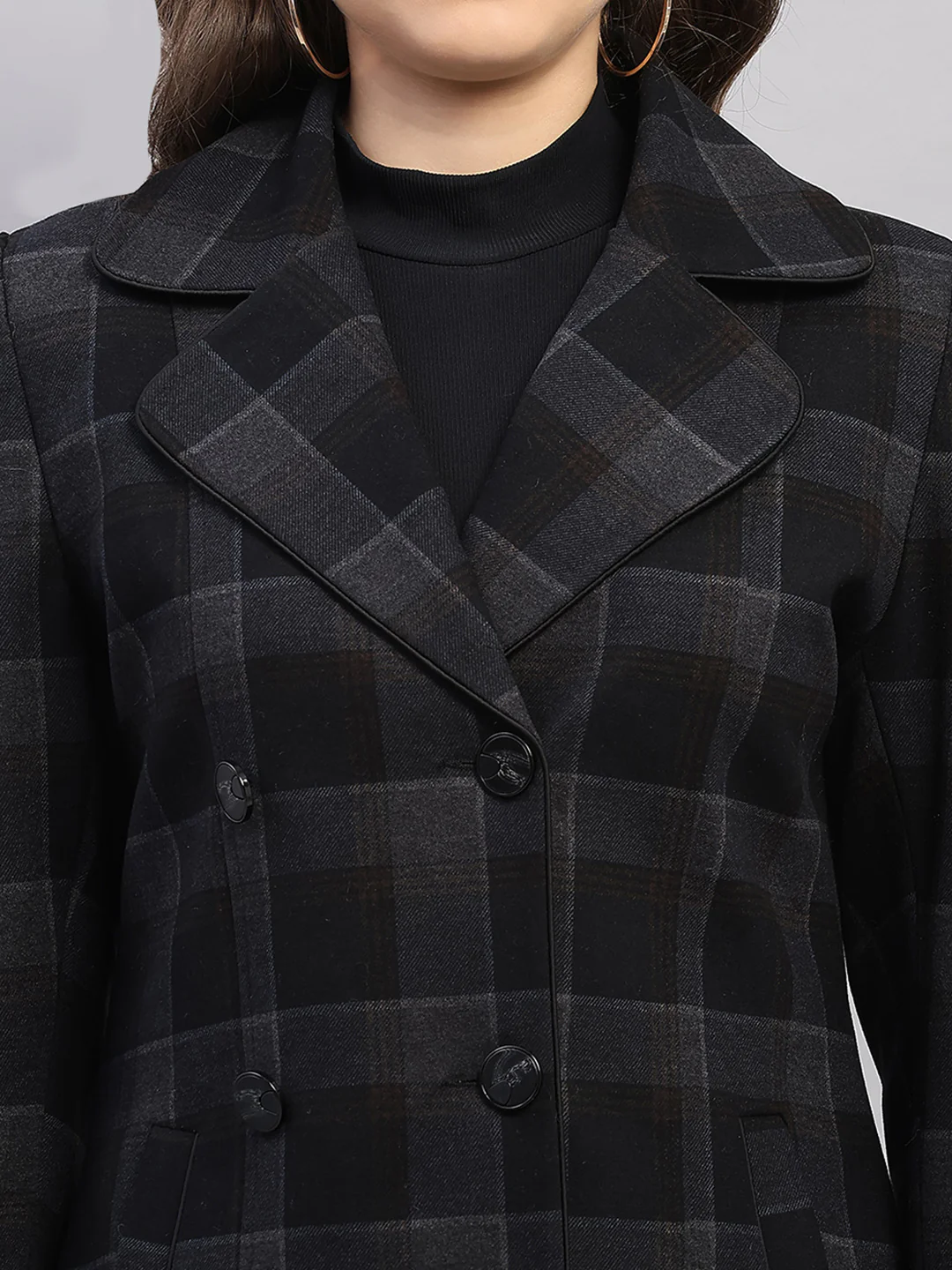 Women Black Check Collar Full Sleeve Coat - Image 6