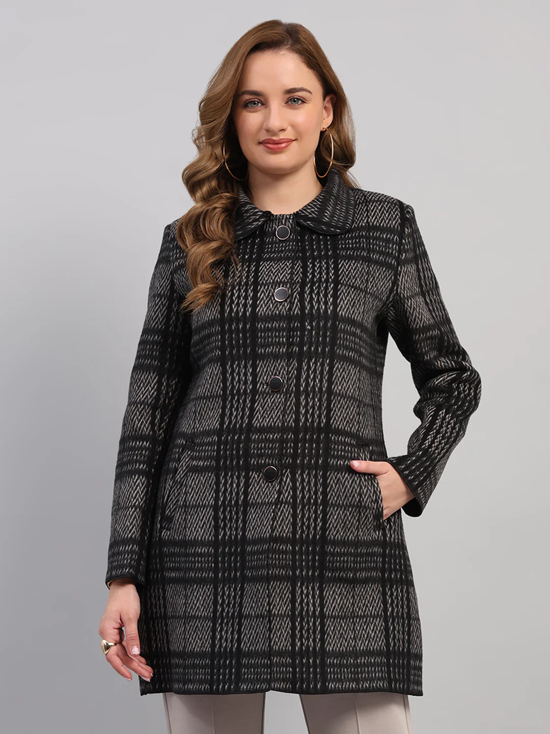 Women Black Check Collar Full Sleeve Wool Non-Lined Coat - Image 6