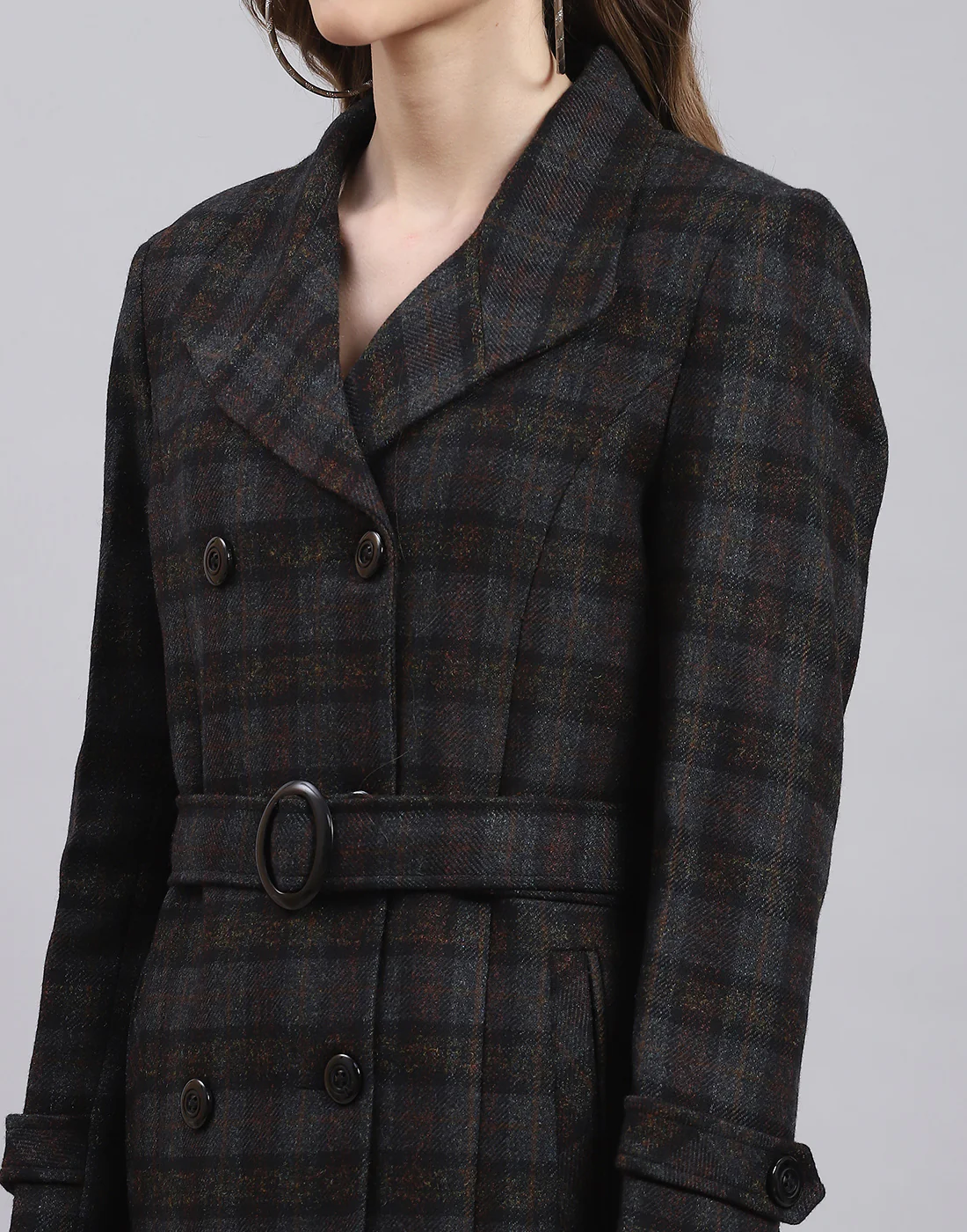 Women Black Check Lapel Collar Full Sleeve Coat - Image 7