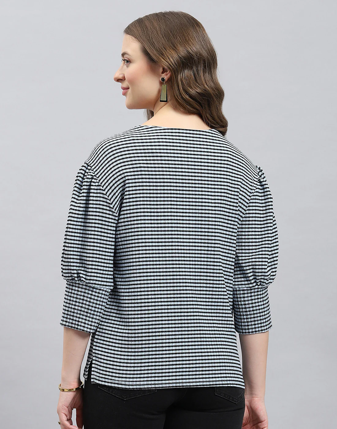 Women Black Check Round Neck 3/4th Sleeve Top - Image 5