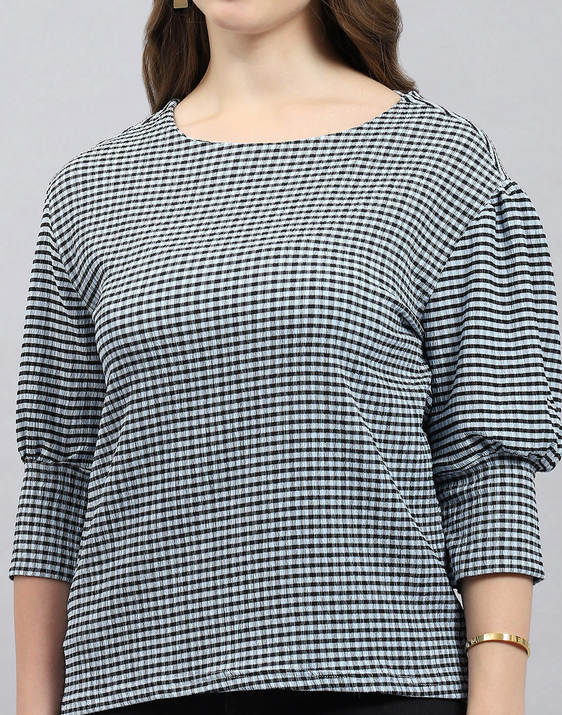 Women Black Check Round Neck 3/4th Sleeve Top - Image 6