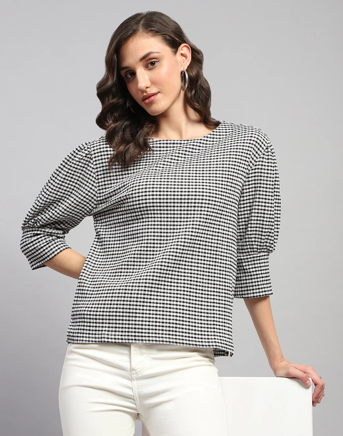 Women Black Check Round Neck 3/4th Sleeve Top - Image 6