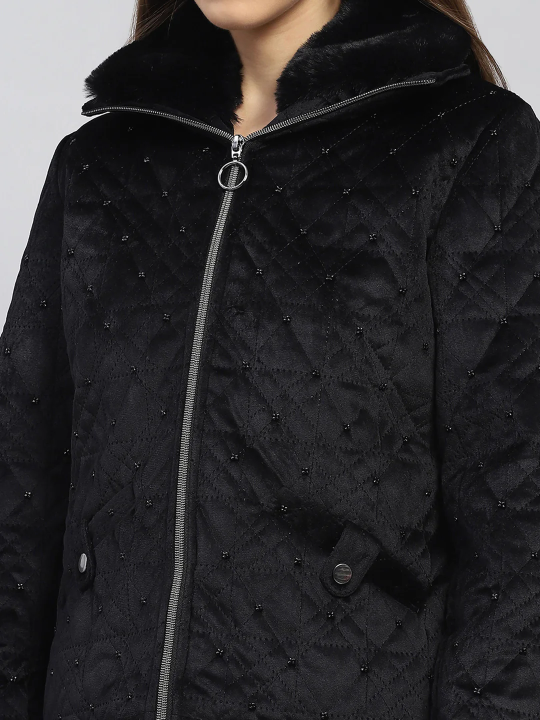Women Black Embroidered Collar Full Sleeve Jacket - Image 6