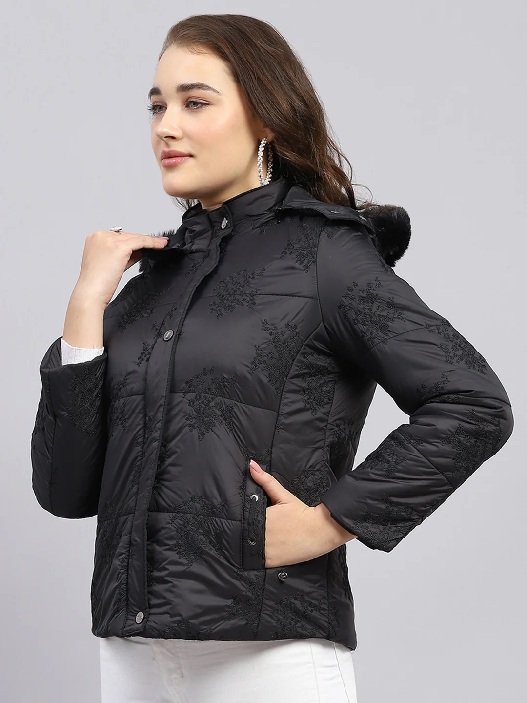 Women Black Embroidered Detachable Hood Full Sleeve Jacket - Image 3