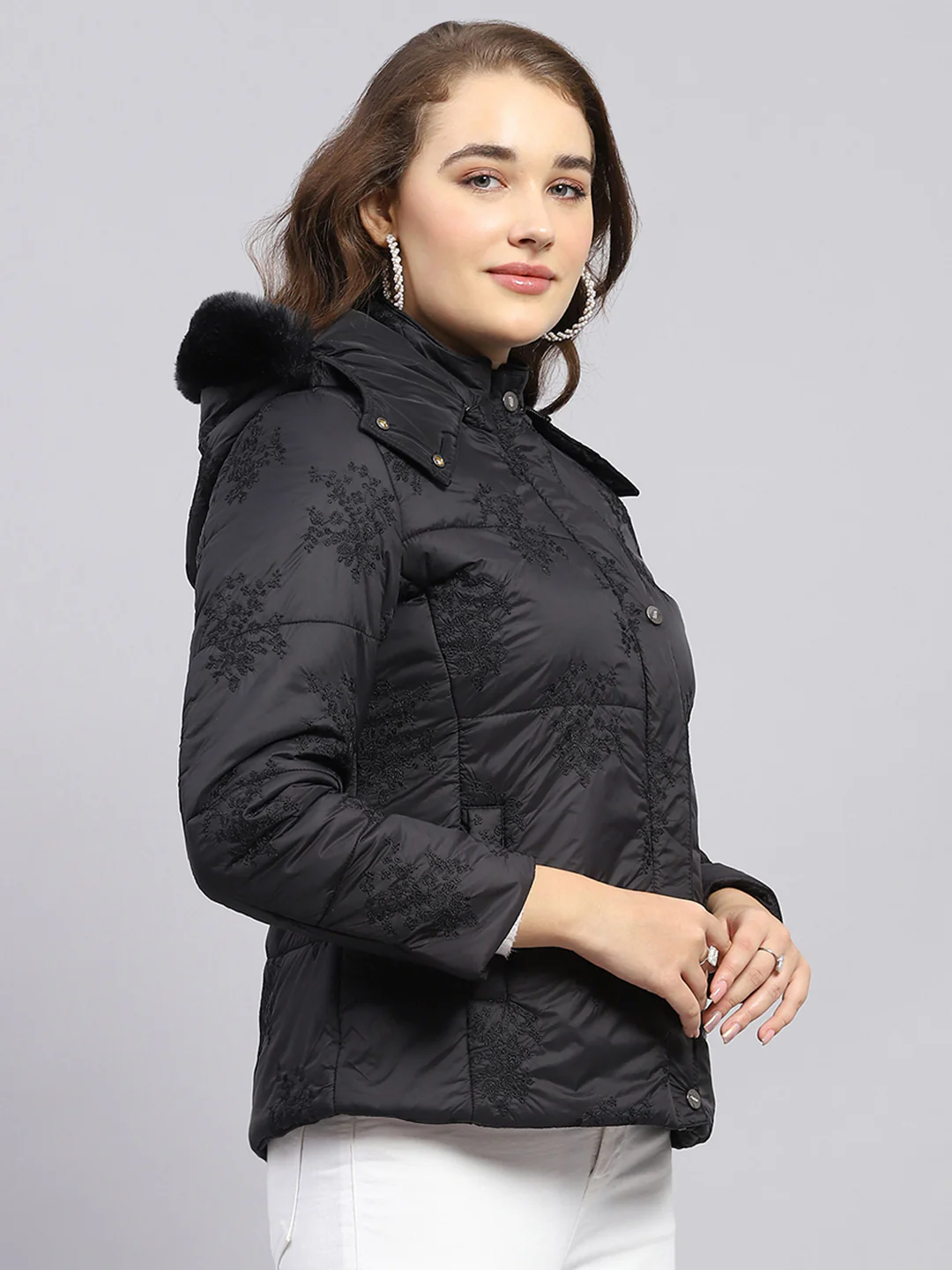Women Black Embroidered Detachable Hood Full Sleeve Jacket - Image 4