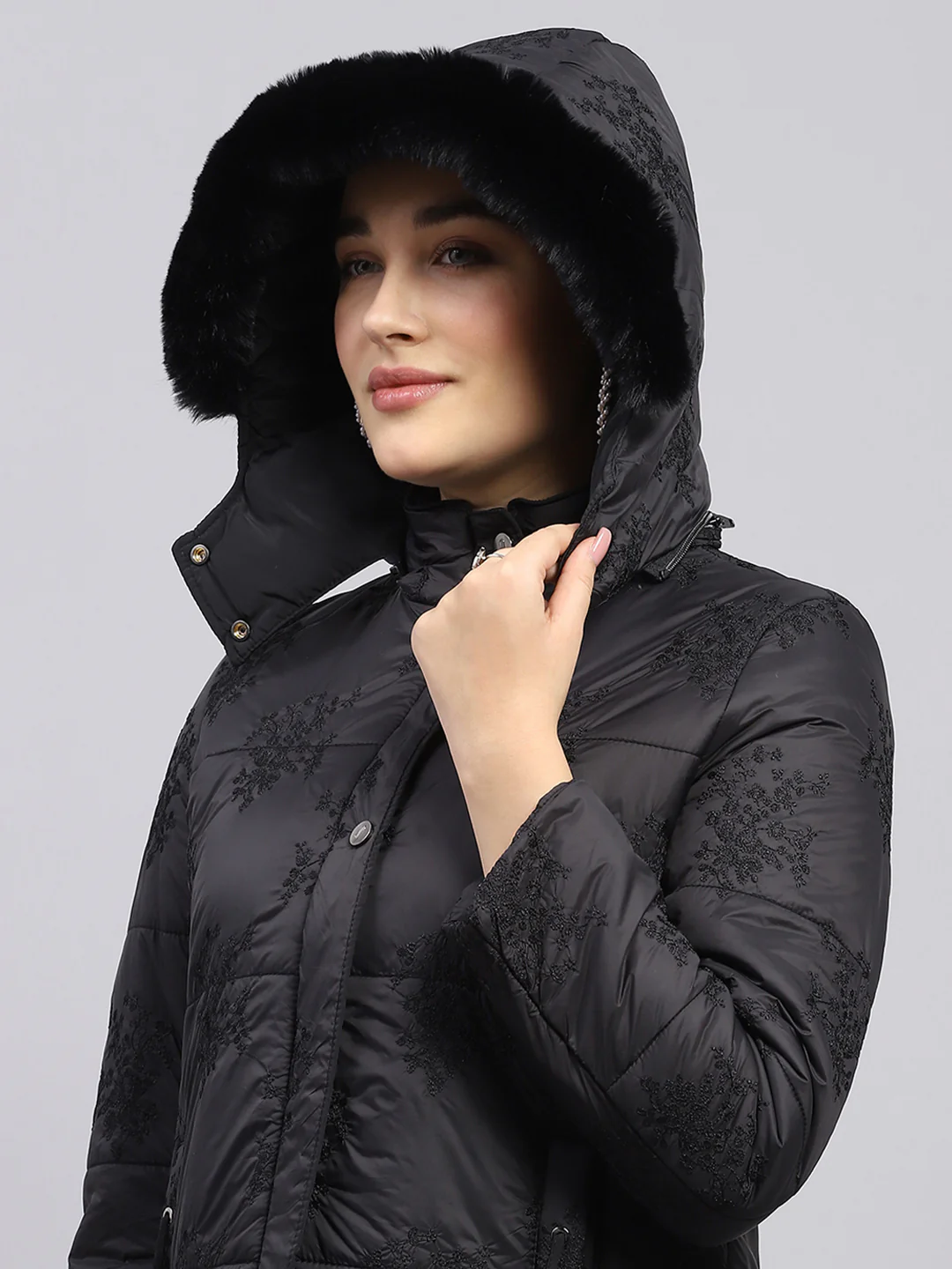 Women Black Embroidered Detachable Hood Full Sleeve Jacket - Image 7