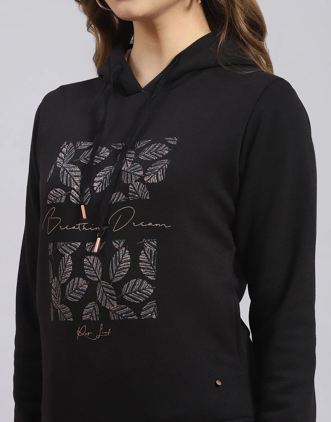 Women Black Embroidered Hooded Full Sleeve Sweatshirt - Image 7