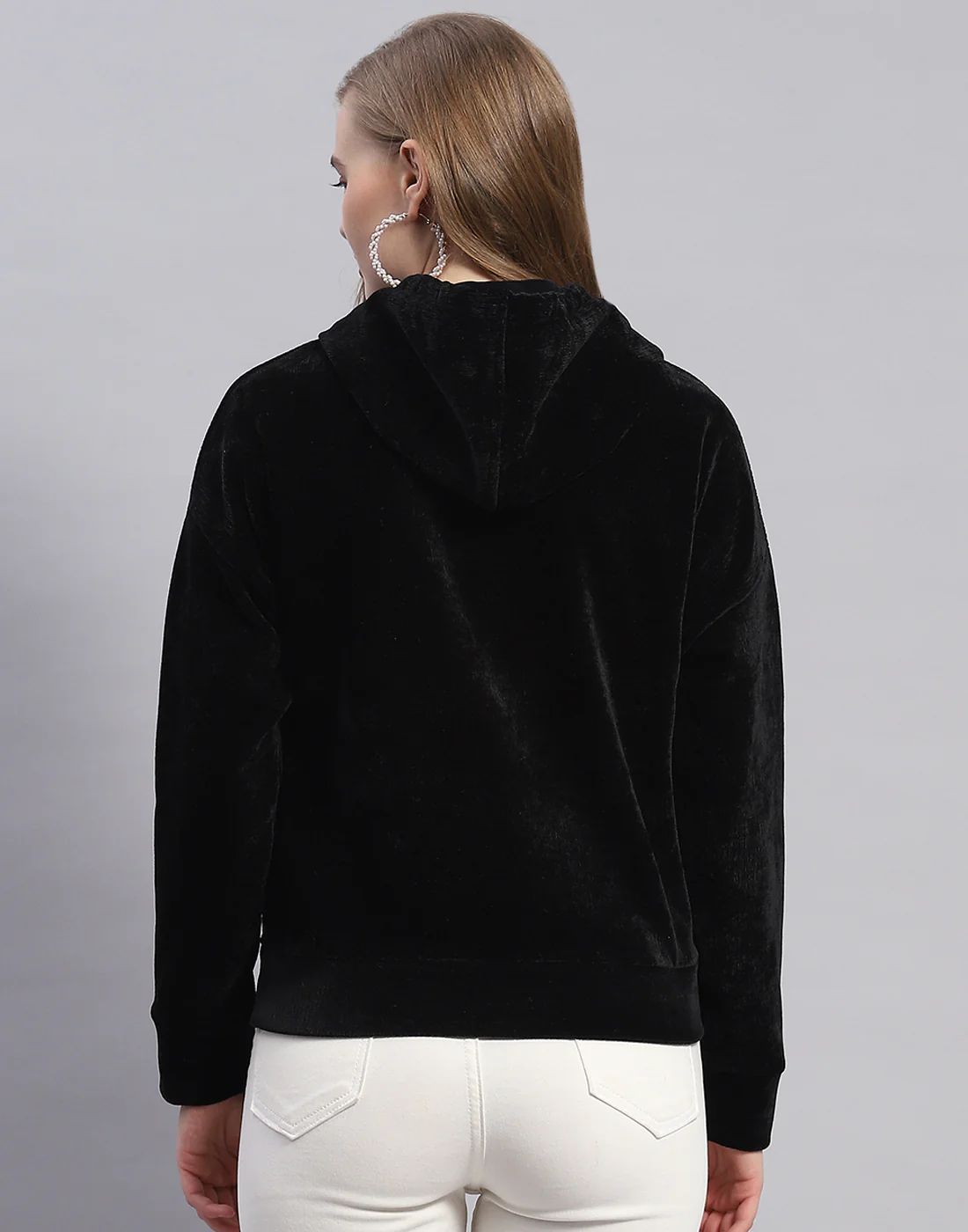 Women Black Embroidered Hooded Full Sleeve Sweatshirt - Image 5