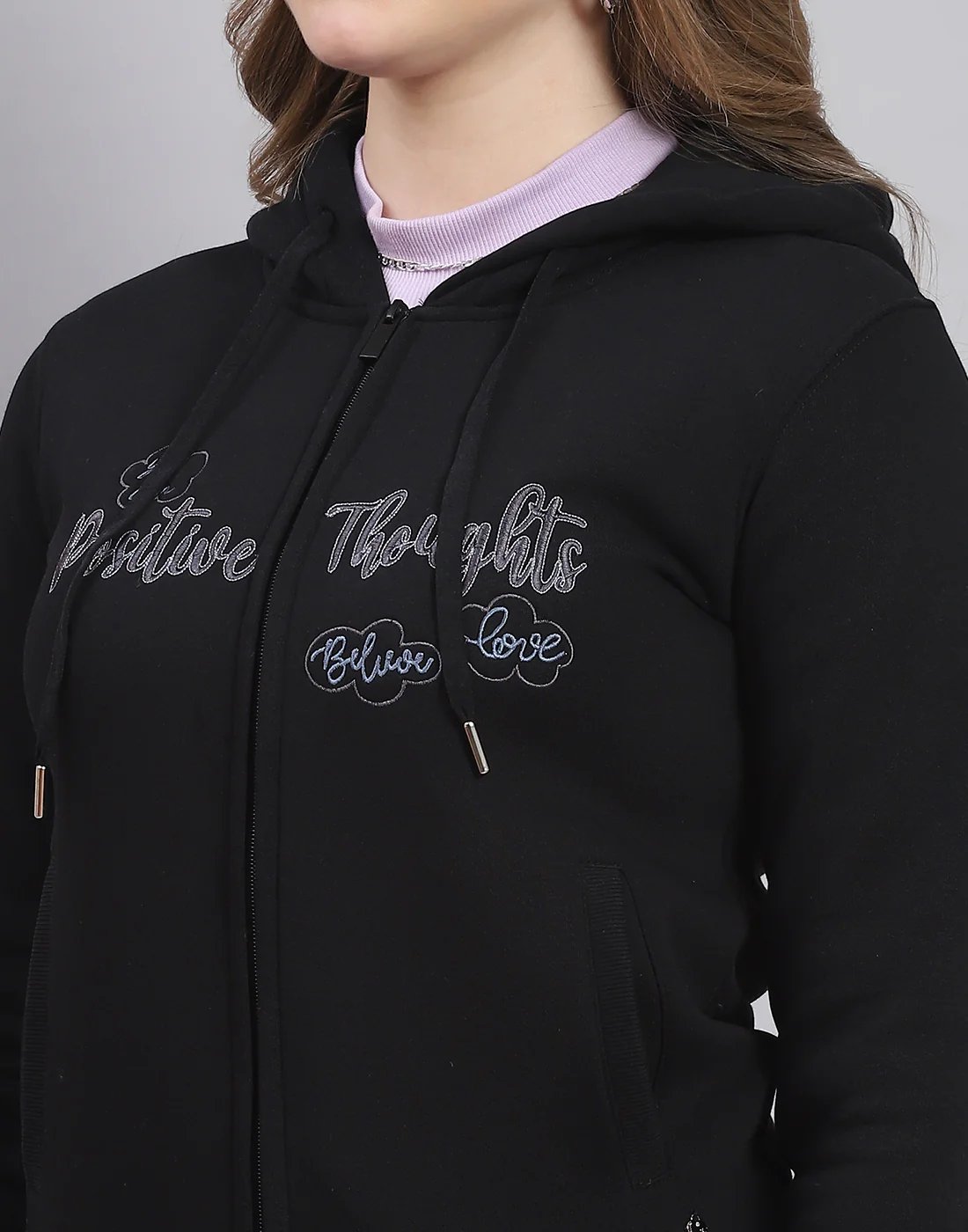 Women Black Embroidered Hooded Full Sleeve Sweatshirt - Image 6