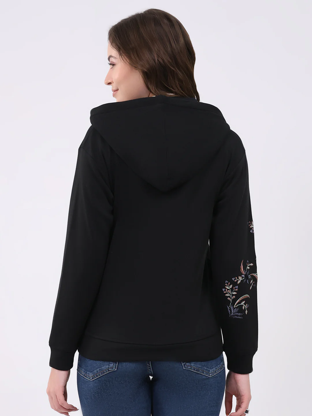 Women Black Embroidered Hooded Full Sleeve Sweatshirt - Image 5