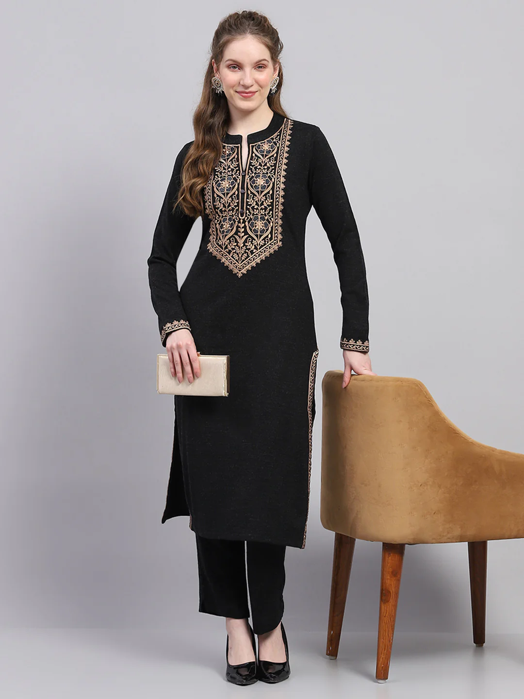 Women Black Embroidered Round Neck Full Sleeve Kurti Set for Winter