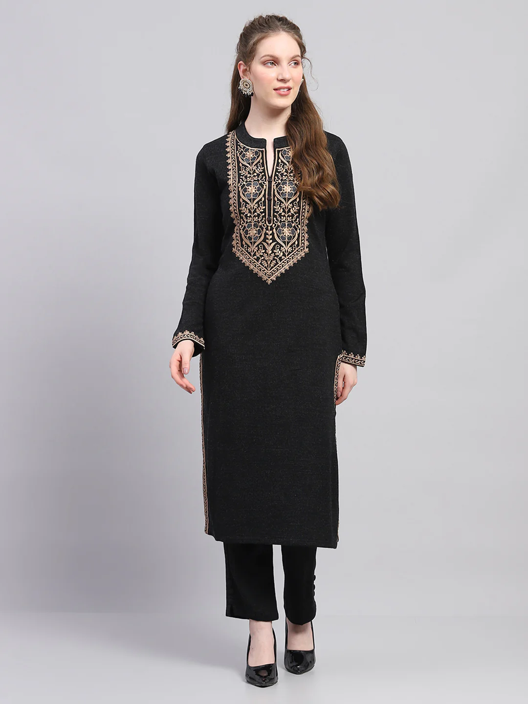 Women Black Embroidered Round Neck Full Sleeve Kurti Set for Winter - Image 3