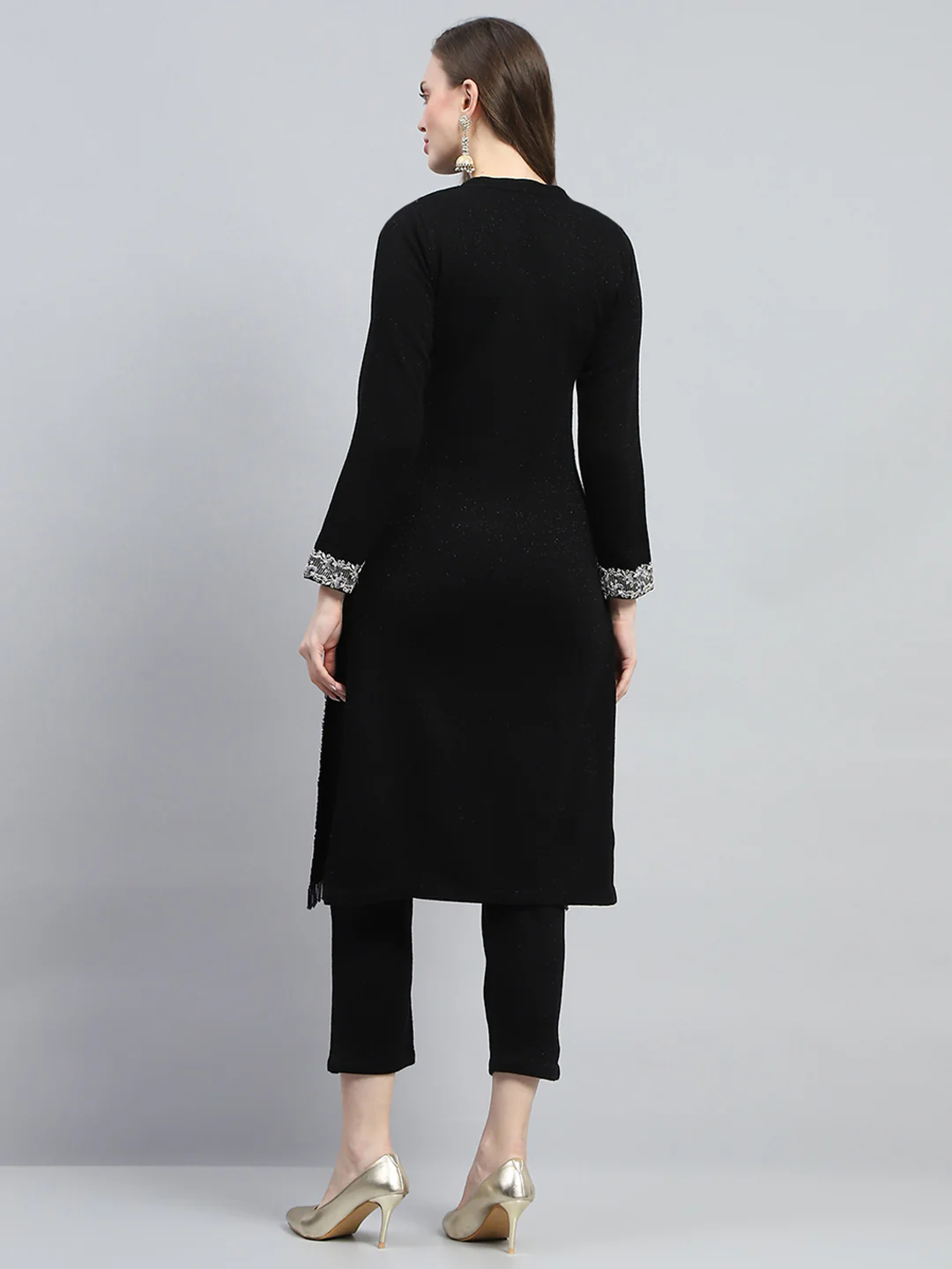 Women Black Embroidered Round Neck Full Sleeve Kurti Set for Winter - Image 5