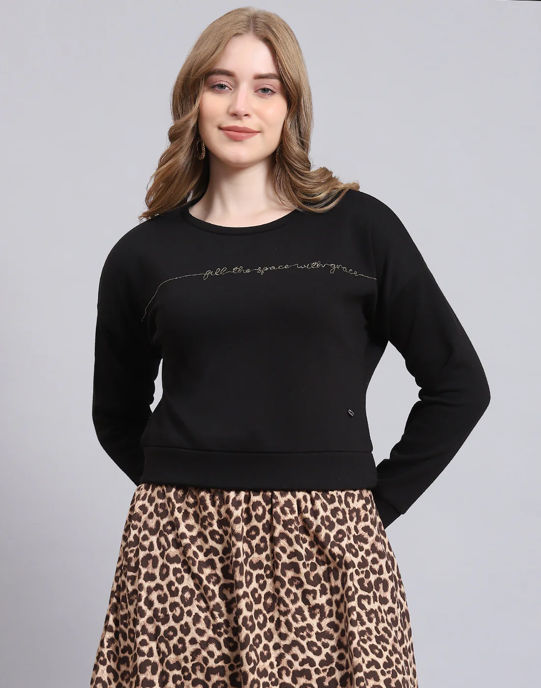 Women Black Embroidered Round Neck Full Sleeve Sweatshirt - Image 3