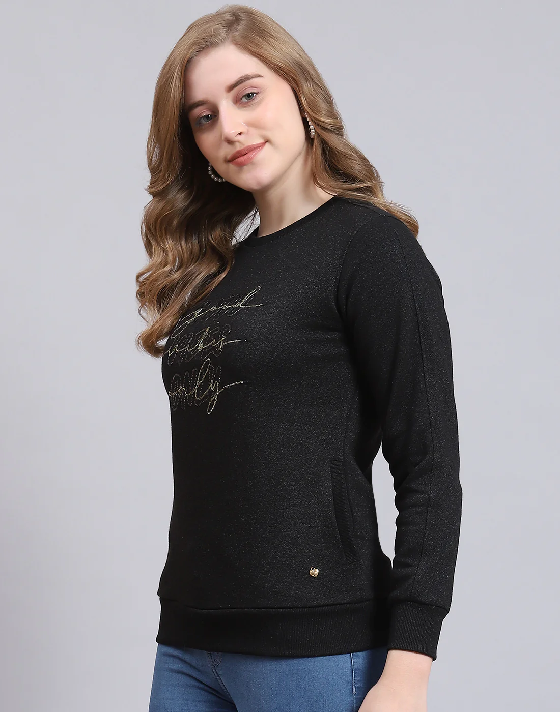 Women Black Embroidered Round Neck Full Sleeve Sweatshirt - Image 3