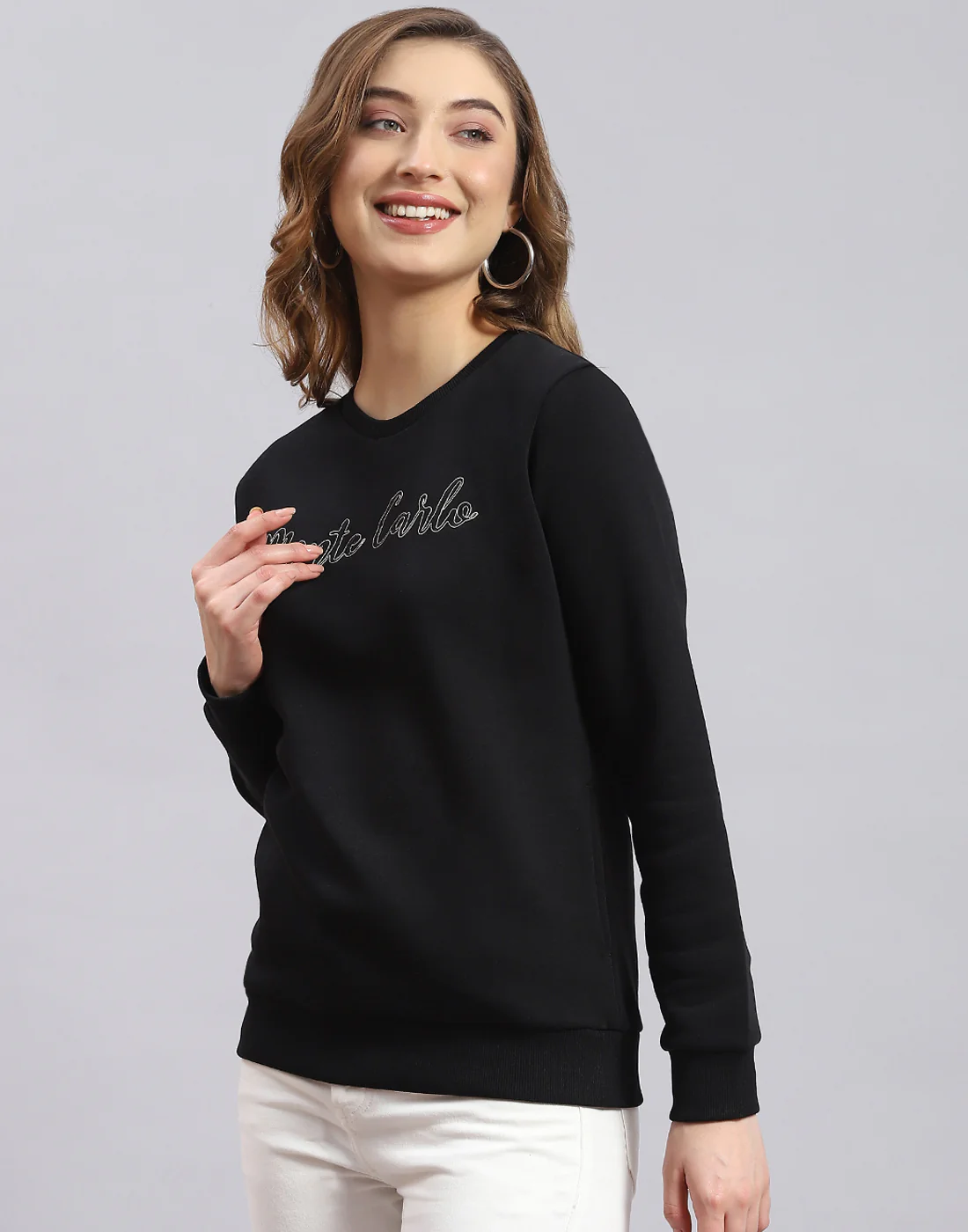 Women Black Embroidered Round Neck Full Sleeve Sweatshirt - Image 3